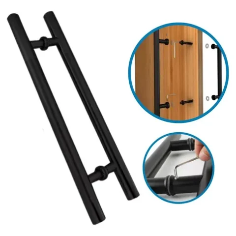 Puxador H 80cm Porta Pivotante Madeira Aço Inox Preto Fosco