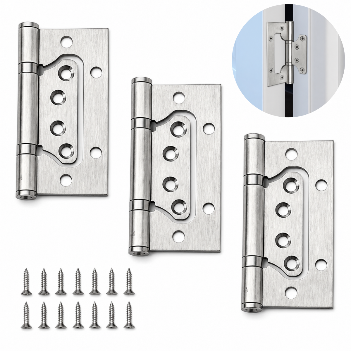 Kit 03 Dobradiças De Porta 4x3 Sobrepor Encaixe Rápido Escovado Aço Inox 304