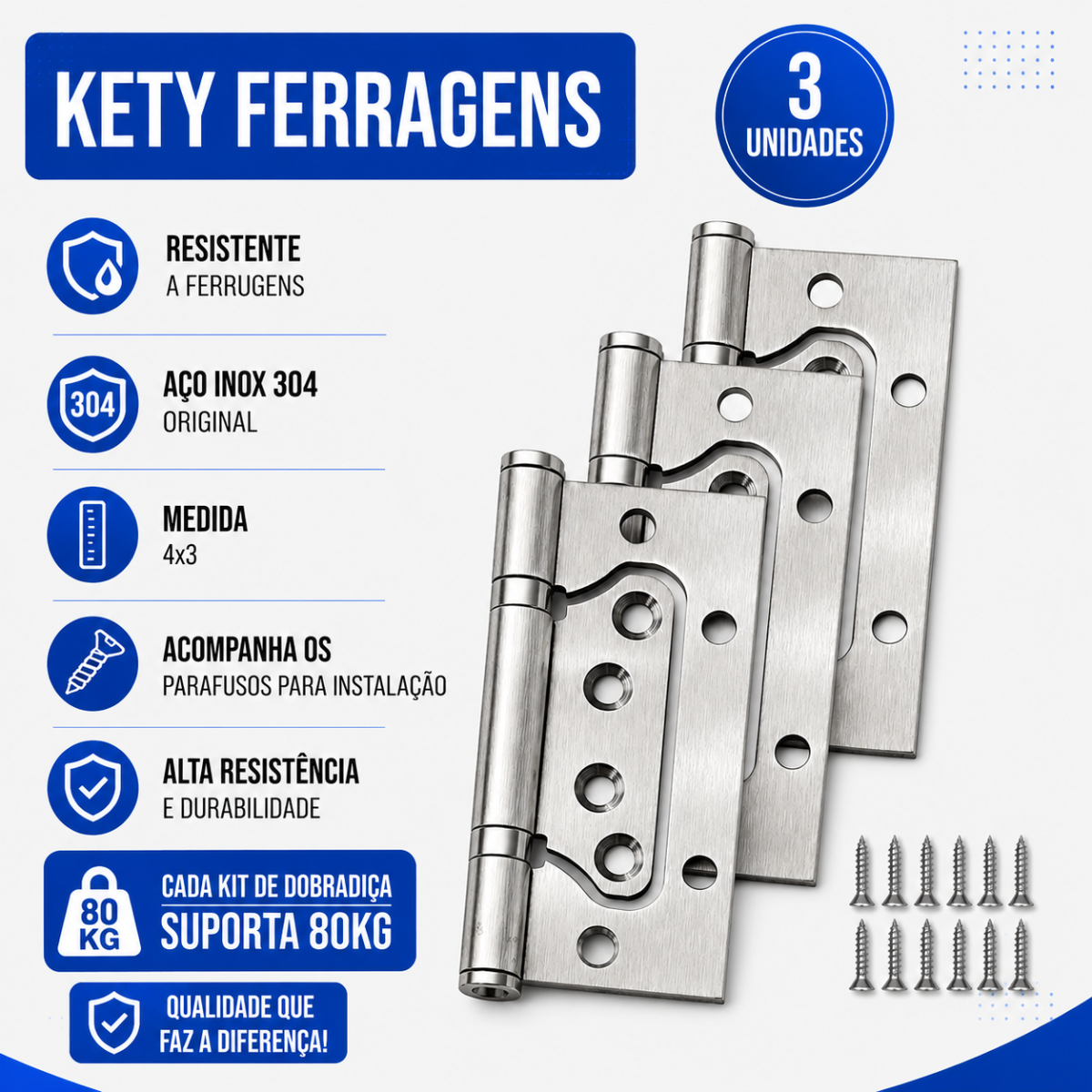 Kit 03 Dobradiças De Porta 4x3 Sobrepor Encaixe Rápido Escovado Aço Inox 304 - Imagem 2