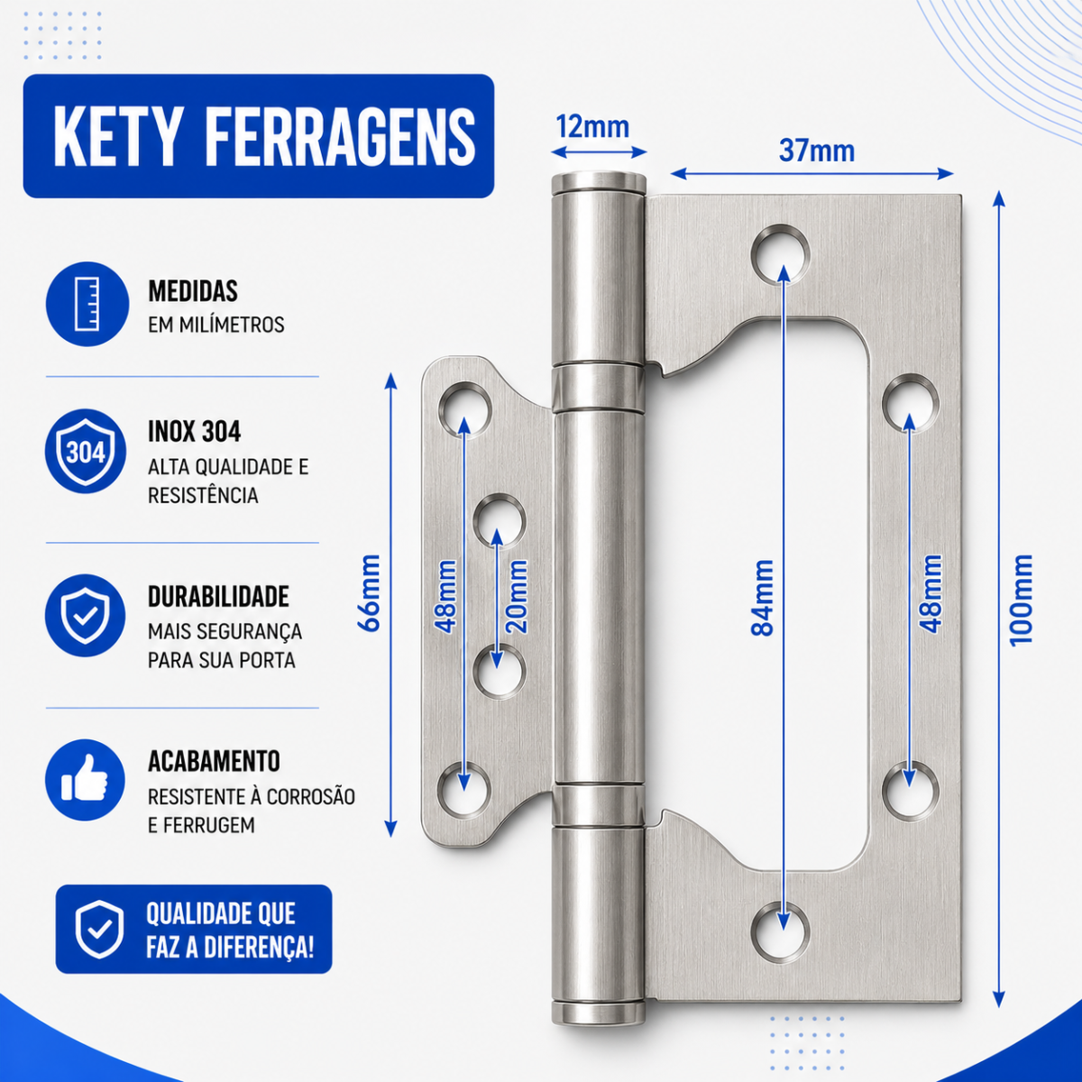 Kit 03 Dobradiças De Porta 4x3 Sobrepor Encaixe Rápido Escovado Aço Inox 304 - Imagem 4