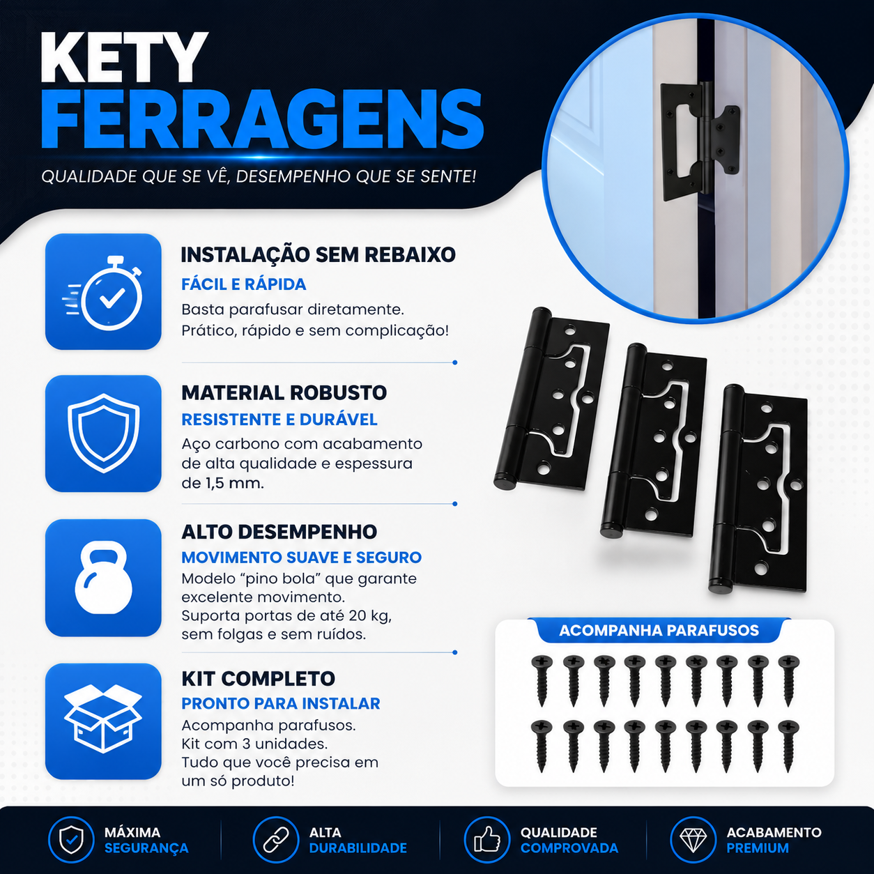 Kit 03 Dobradiças De Porta Tolemat Sobrepor Encaixe Rápido 3 1/2 Aço Carbono Preto - Imagem 2