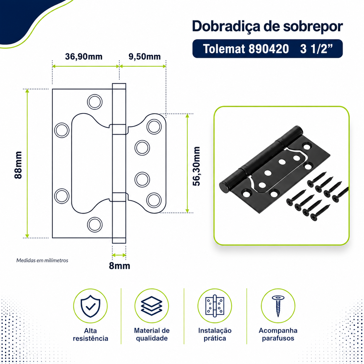 Kit 03 Dobradiças De Porta Tolemat Sobrepor Encaixe Rápido 3 1/2 Aço Carbono Preto - Imagem 3