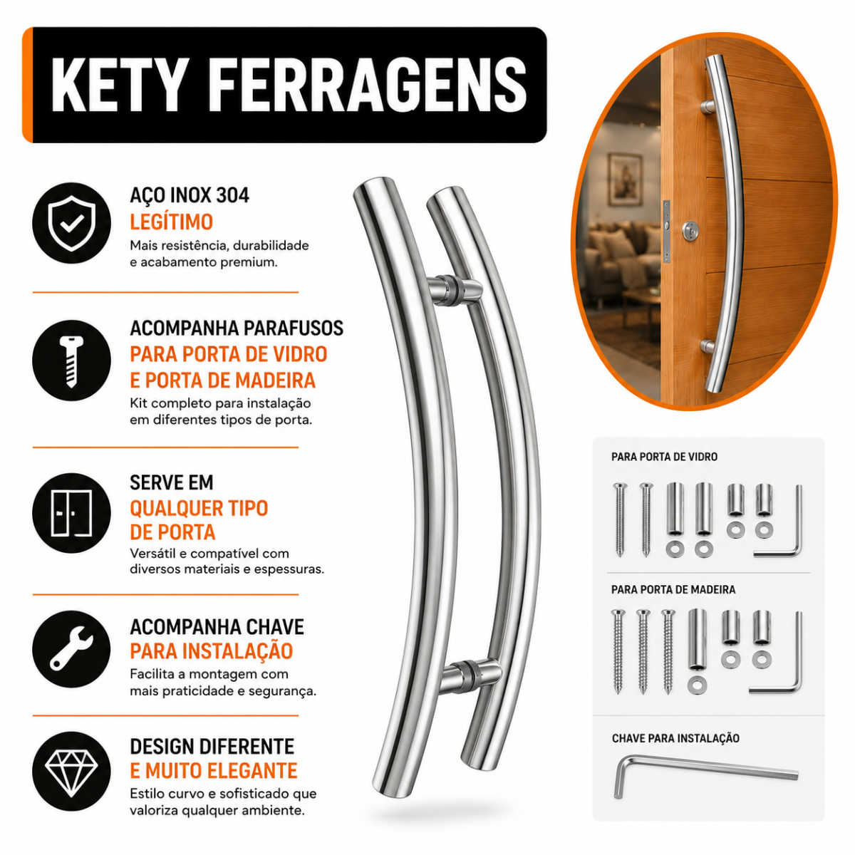 Puxador De Porta Tubular Curvo Belíssima 80cm Aço Inox 304 Polido - Imagem 3