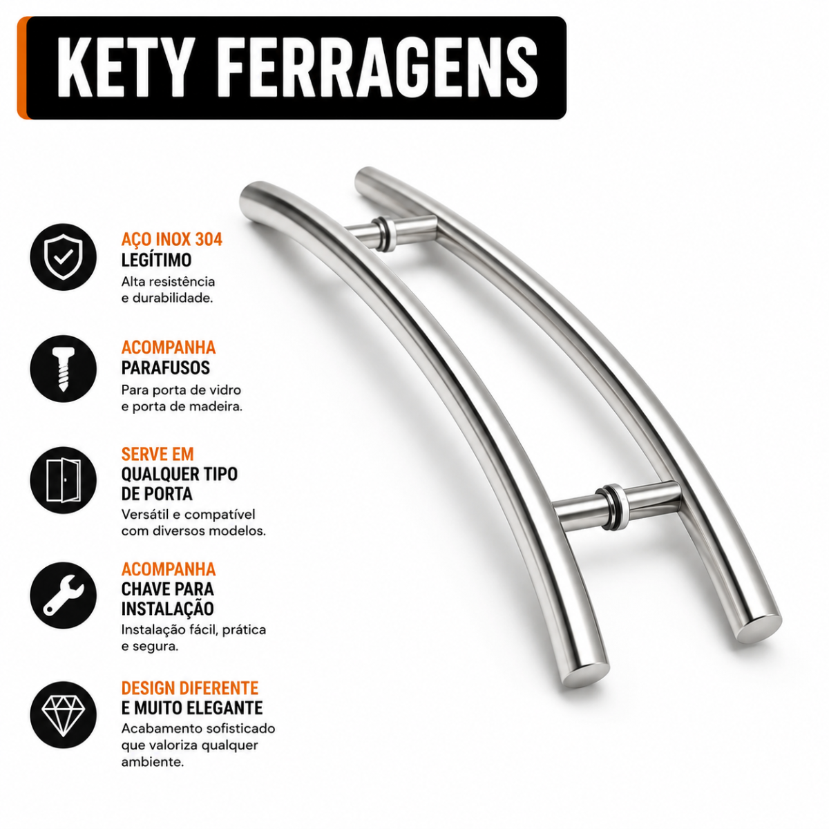 Puxador De Porta Tubular Curvo Belíssima 80cm Aço Inox 304 Polido - Imagem 6