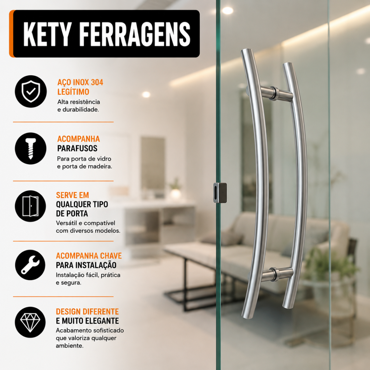 Puxador De Porta Tubular Curvo Belíssima 80cm Aço Inox 304 Polido - Imagem 5