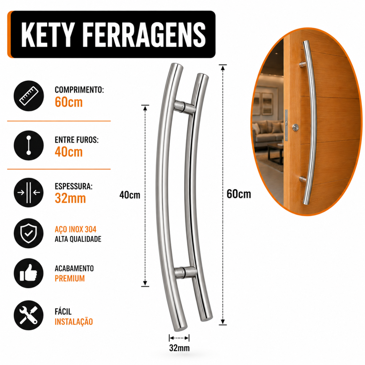 Puxador De Porta Tubular Belíssima Curvo 60cm Aço Inox 304 Polido - Imagem 2