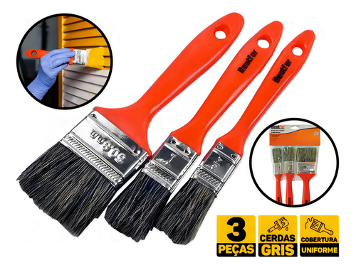 Kit Com 3 Peças Pincel Para Pintura Tinta Latex Acrilica Jogo 3 Pinceis